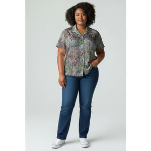 We Be Bop Batik Top Size 3X Button Front Green Short Sleeve Lagenlook Boho Artsy